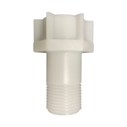 White plastic fill valve extension with threaded lower connection and flanged top with four mounting tabs.