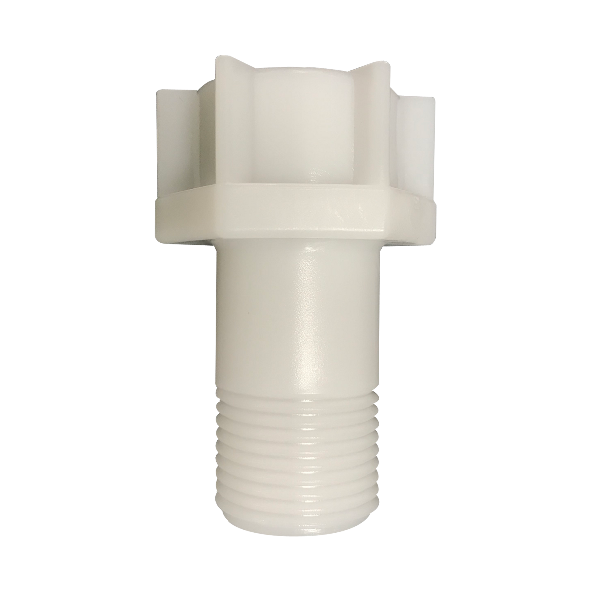 White plastic fill valve extension with threaded lower connection and flanged top with four mounting tabs.