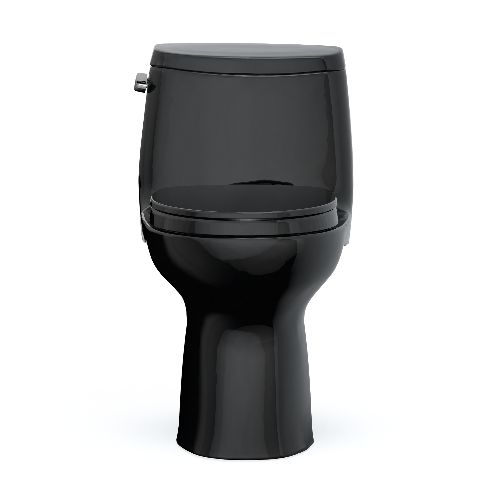 Ebony one-piece elongated toilet with soft-close seat and water supply connection valve on side.