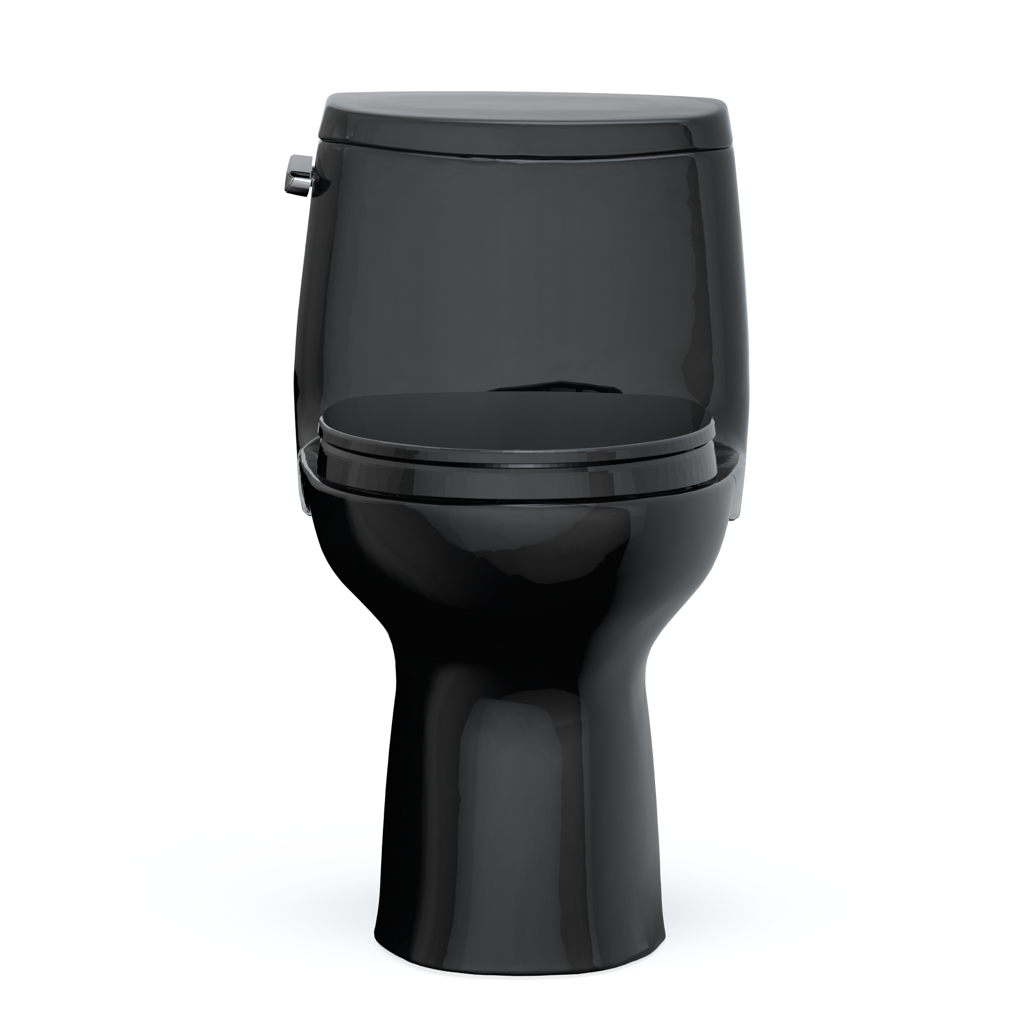 Ebony one-piece elongated toilet with soft-close seat and water supply connection valve on side.