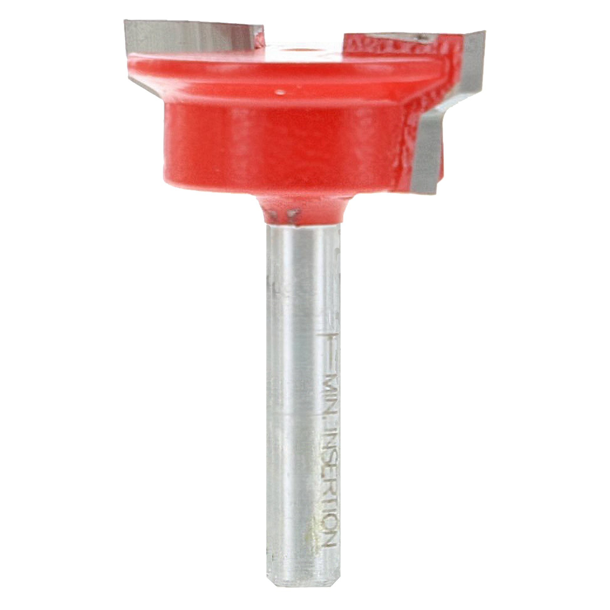 Red and silver drawer lock bit with 1-1/4" diameter cutting head and metal shank.