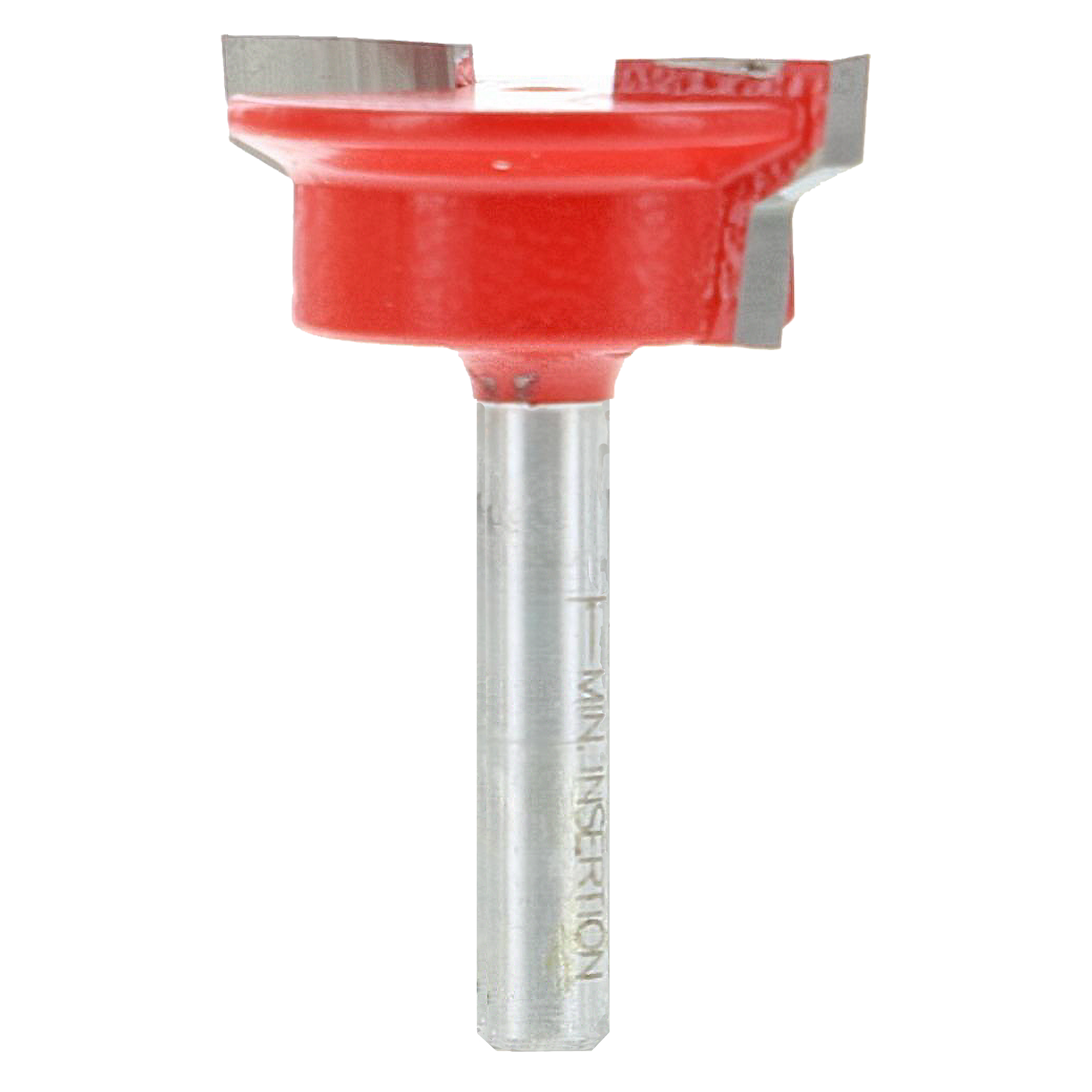 Red and silver drawer lock bit with 1-1/4" diameter cutting head and metal shank.