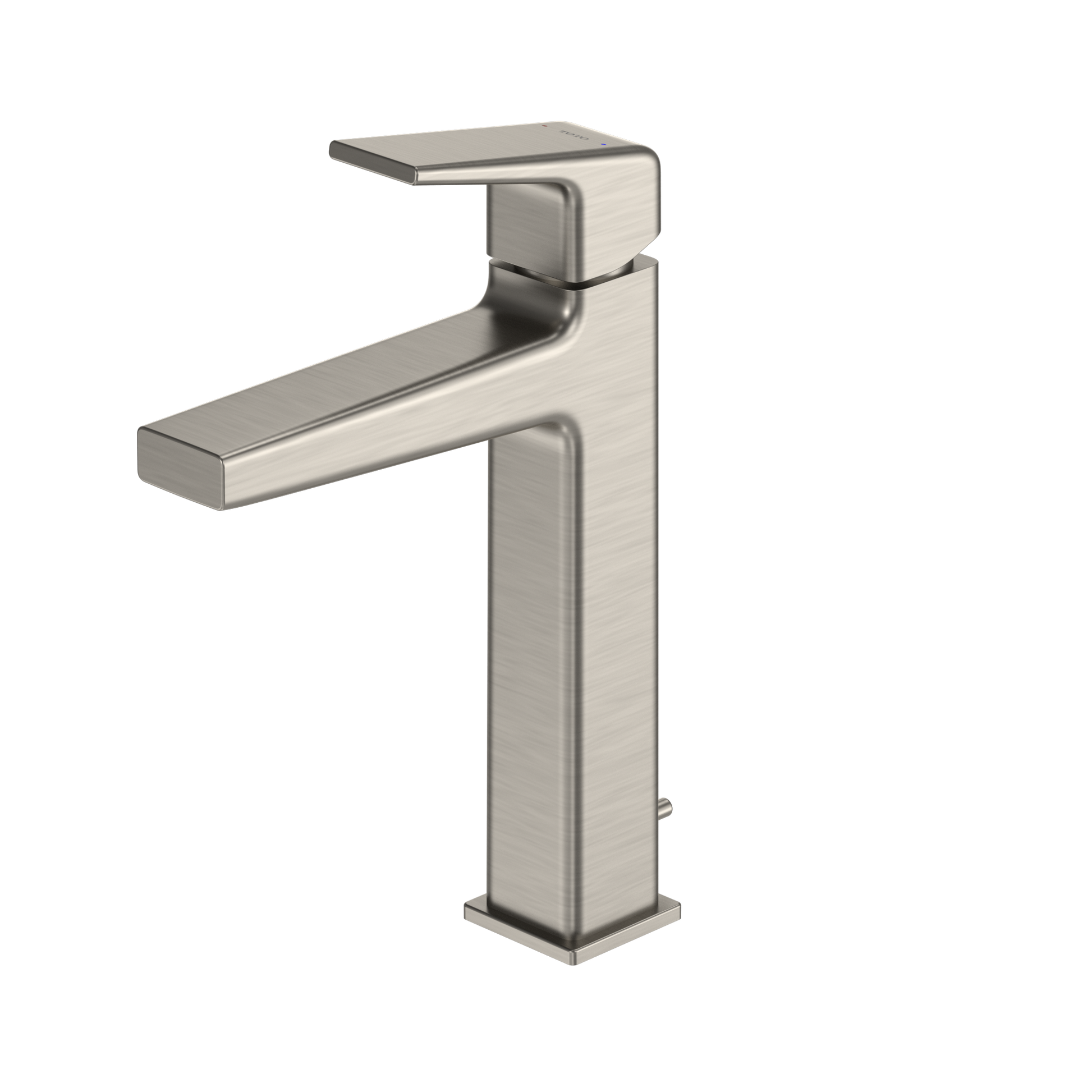 Brushed nickel single-handle bathroom sink faucet with tall square body and angular spout.