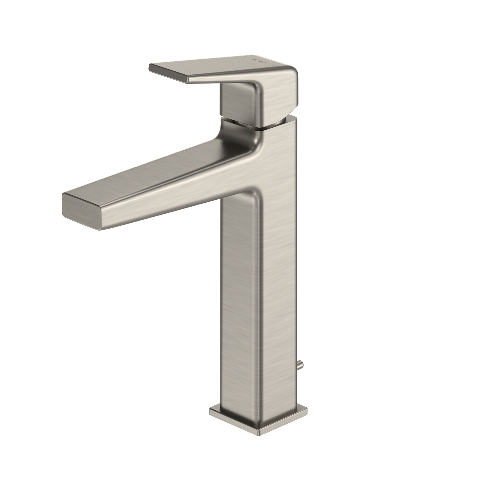 Brushed nickel single-handle bathroom sink faucet with tall square body and angular spout.