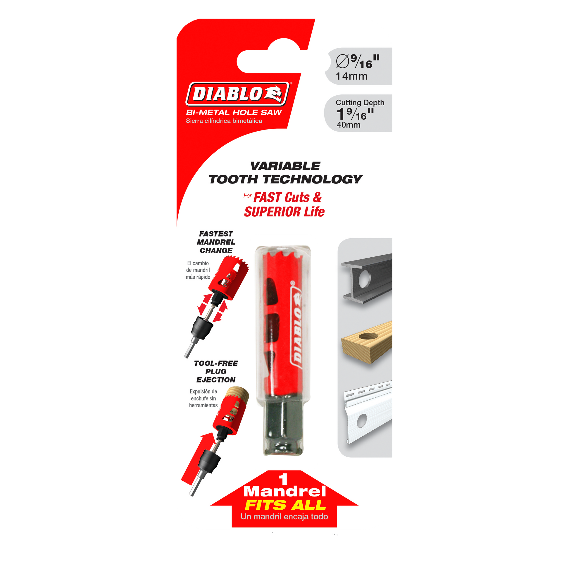 Red and black Diablo bi-metal hole saw with 9/16 inch diameter and 1 9/16 inch cutting depth, shown in packaging.
