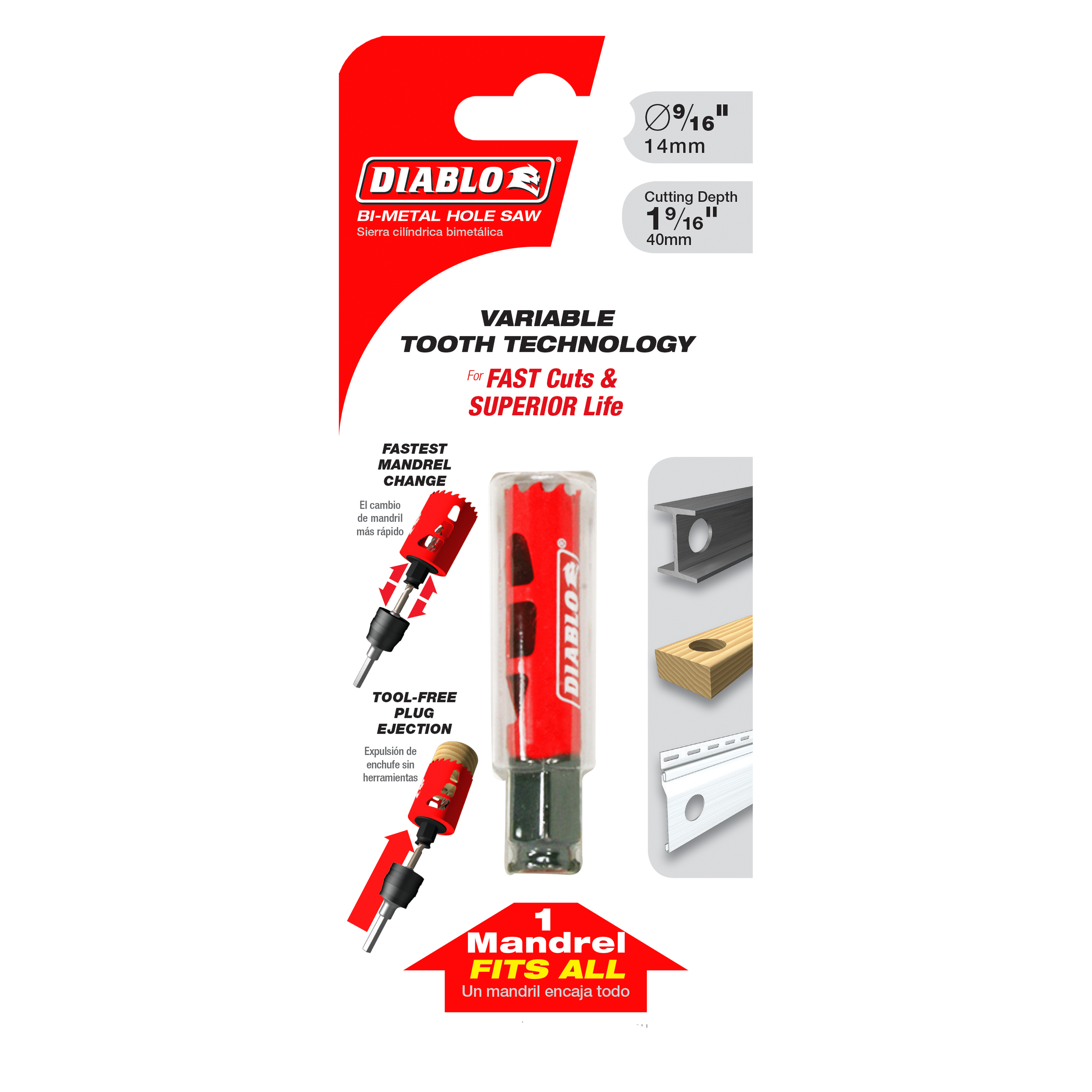 Red and black Diablo bi-metal hole saw with 9/16 inch diameter and 1 9/16 inch cutting depth, shown in packaging.