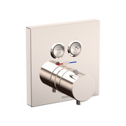 Polished nickel square thermostatic mixing valve with two circular function buttons and cylindrical control handle.