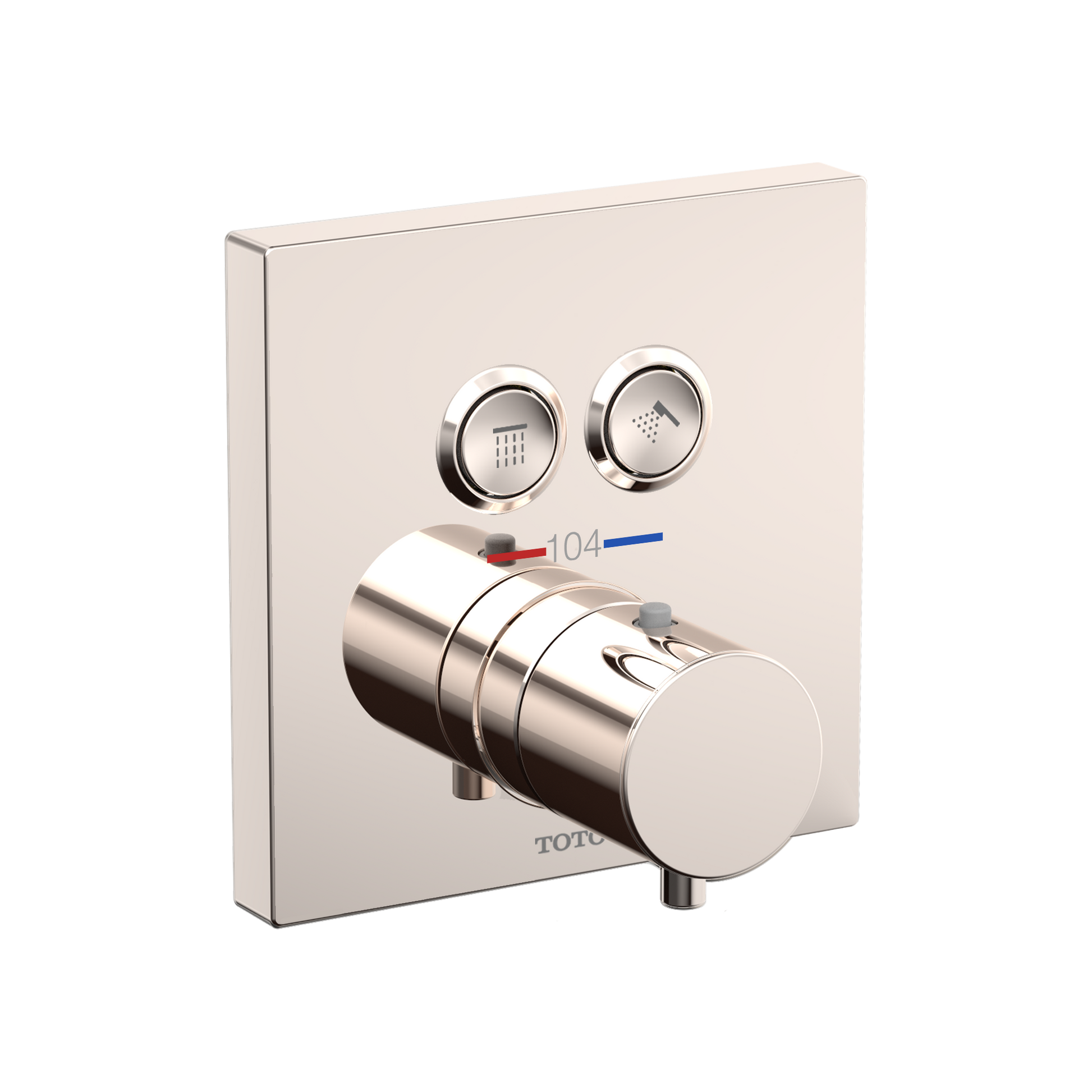 Polished nickel square thermostatic mixing valve with two circular function buttons and cylindrical control handle.