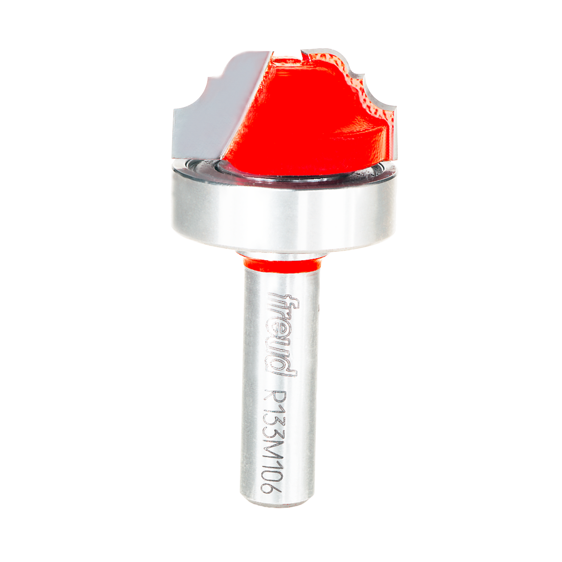 Freud router bit with red cove and bead cutting head, silver shank, and top bearing guide.