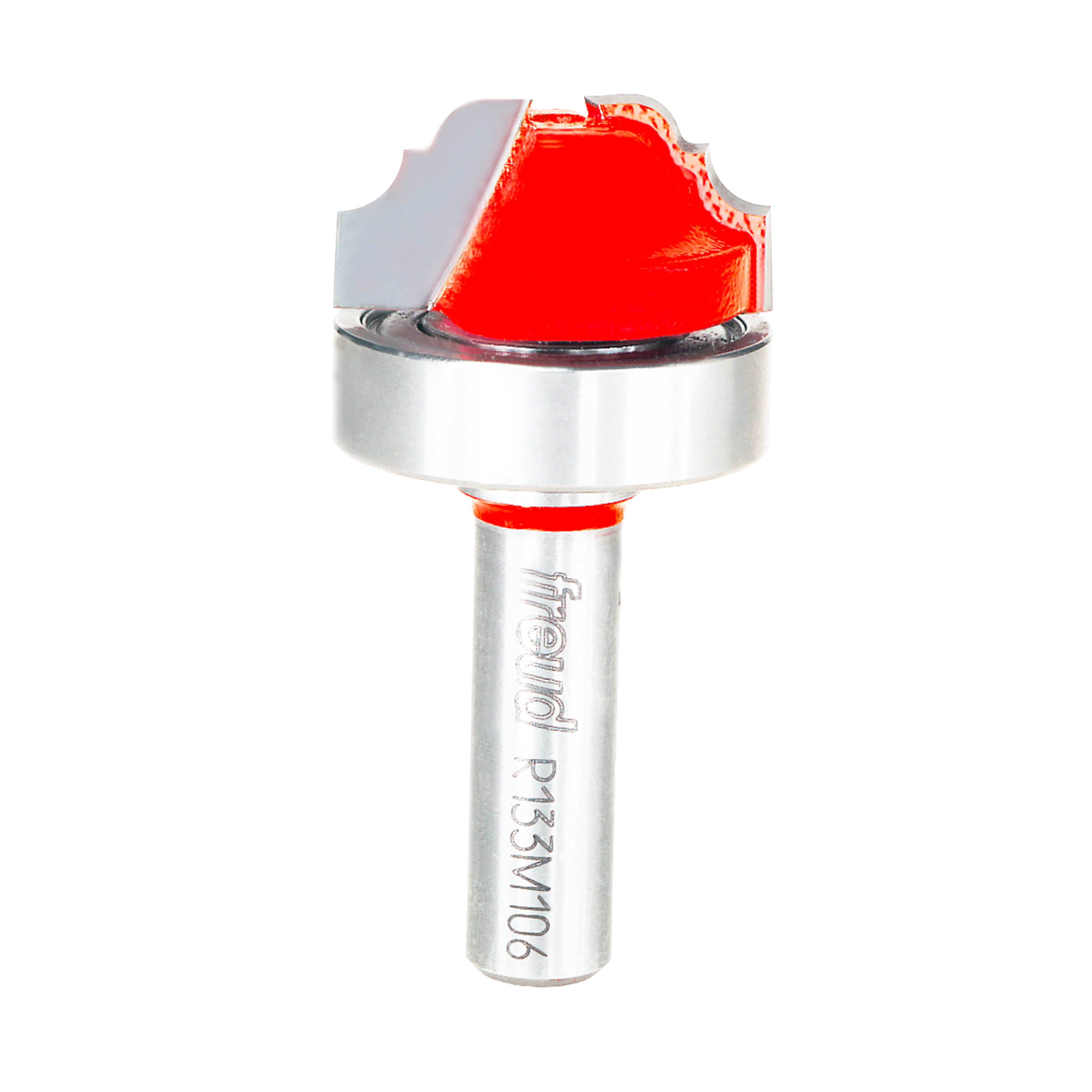 Freud router bit with red cove and bead cutting head, silver shank, and top bearing guide.
