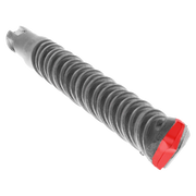 SDS-Plus hammer drill bit with gray spiral flutes and red cutting head on one end.
