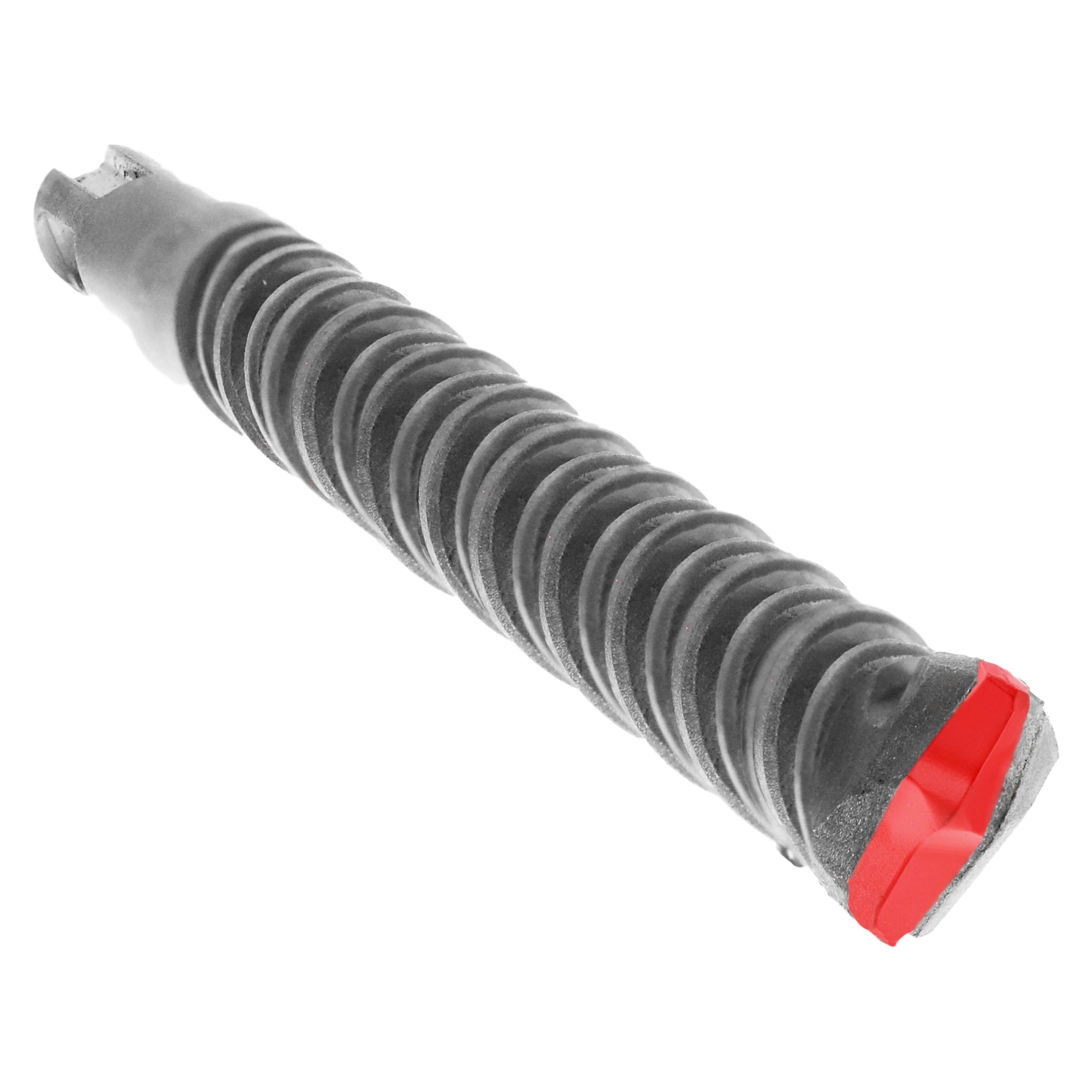SDS-Plus hammer drill bit with two cutting edges, gray fluted body and red tip end.