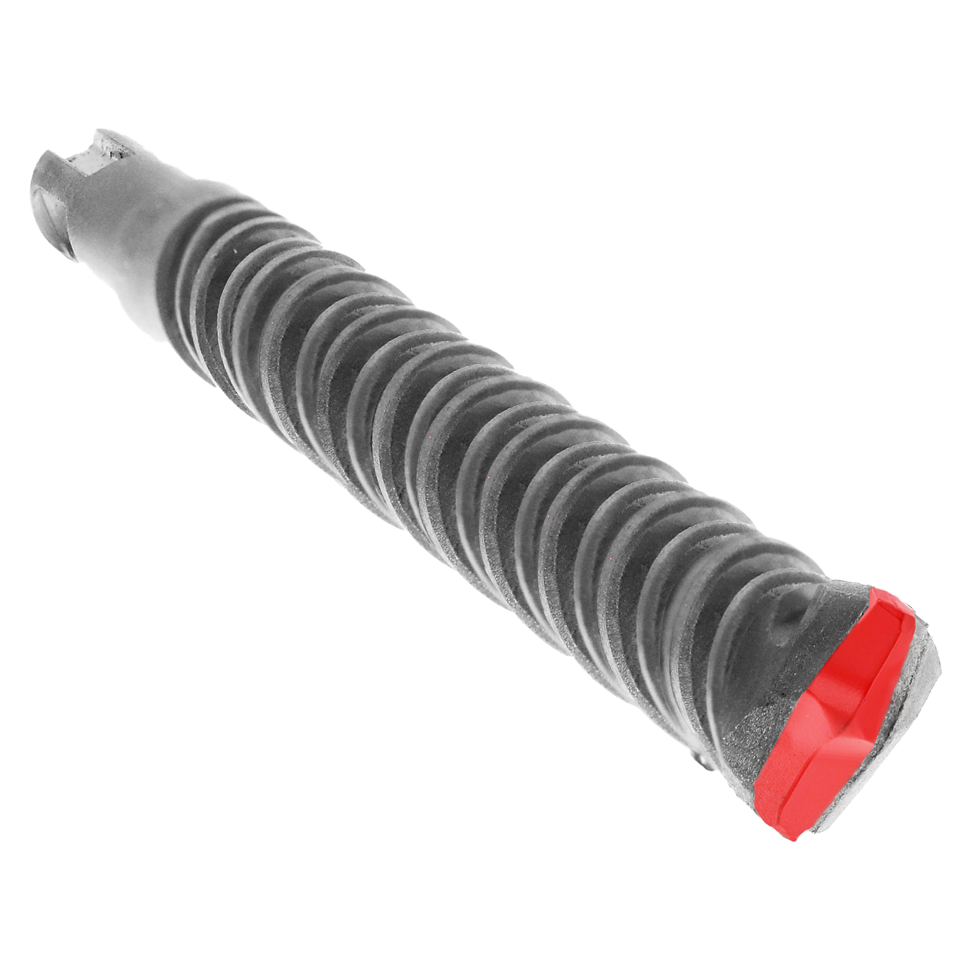 Gray SDS-Plus hammer drill bit with fluted shaft and red two-cutter head.