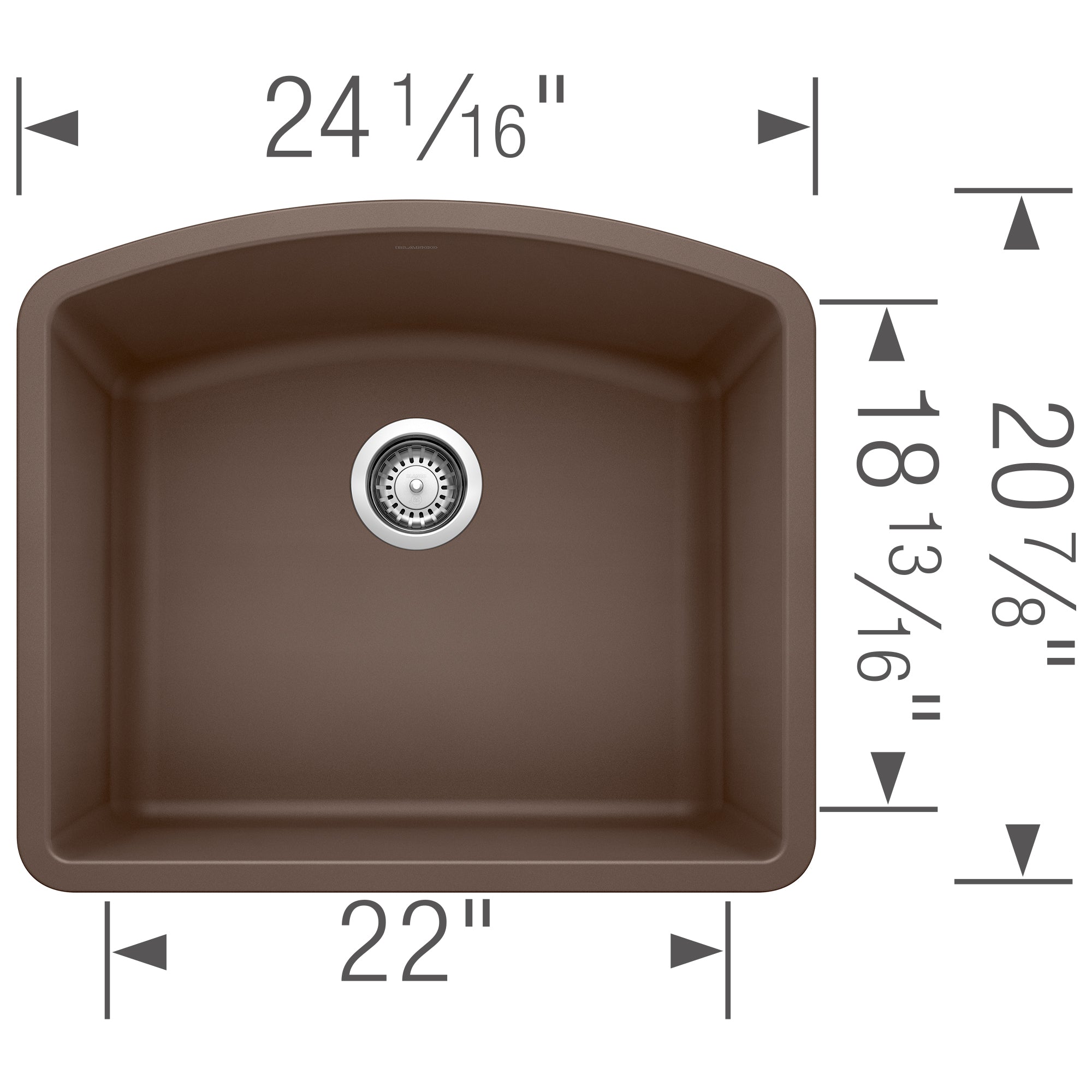 Cafe brown single bowl undermount sink with chrome drain, measuring 24 1/16" wide by 20 7/8" deep by 18 13/16" high.