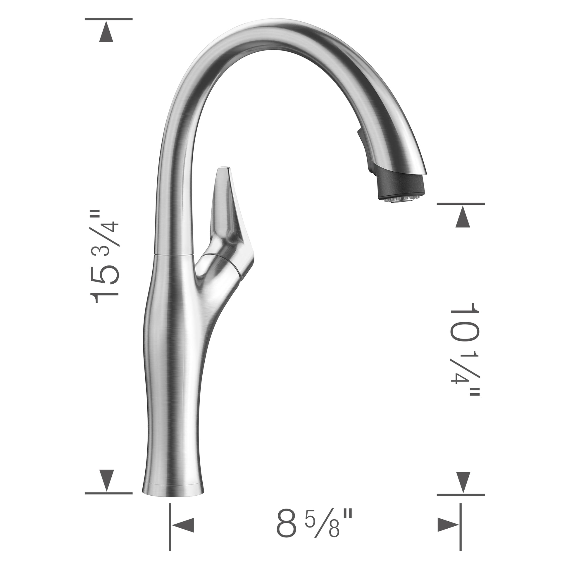 Stainless steel single-handle kitchen faucet with curved spout and pull-down spray head in brushed finish.