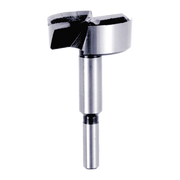 Silver Forstner bit with cylindrical shank and flat cutting head with black cutting edges.