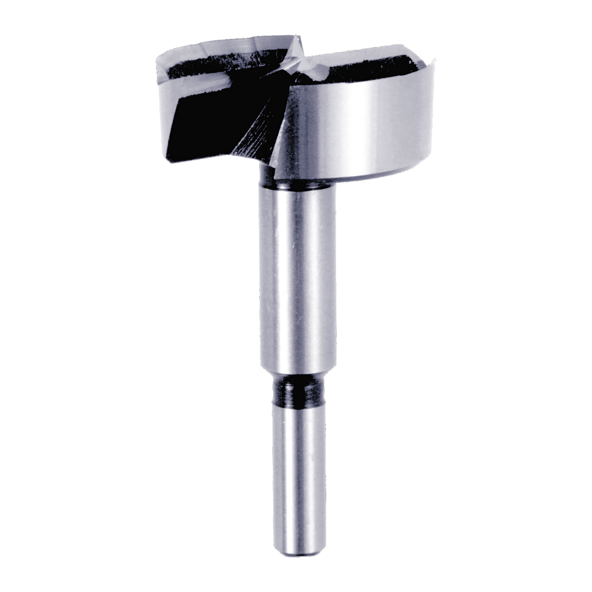 Silver Forstner bit with cylindrical shank and flat cutting head with black cutting edges.