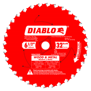 Red circular saw blade with 32 carbide teeth, 6.5 inch diameter, labeled for wood and metal cutting.