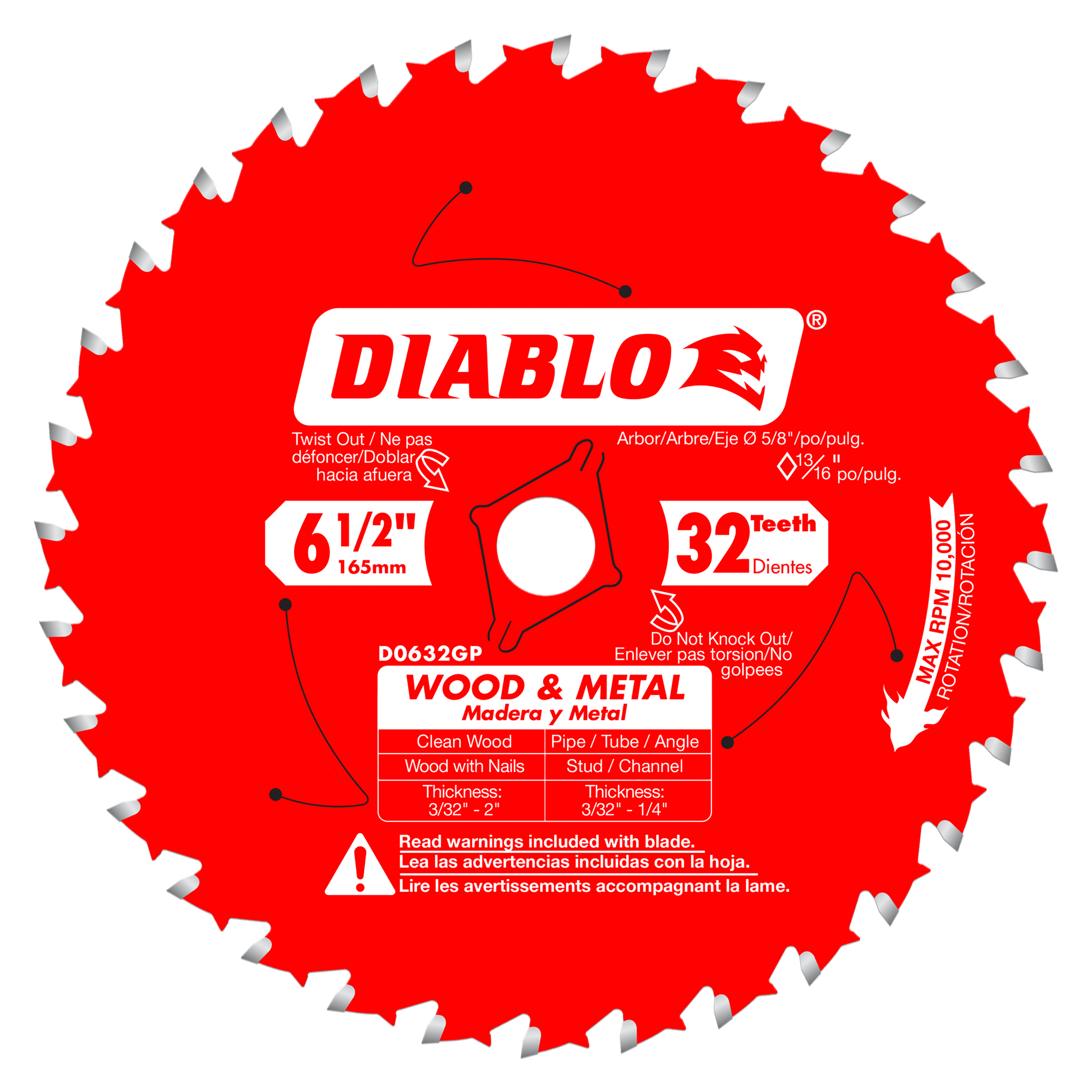 Red circular saw blade with 32 gray carbide teeth and white Diablo branding and specifications label on center.
