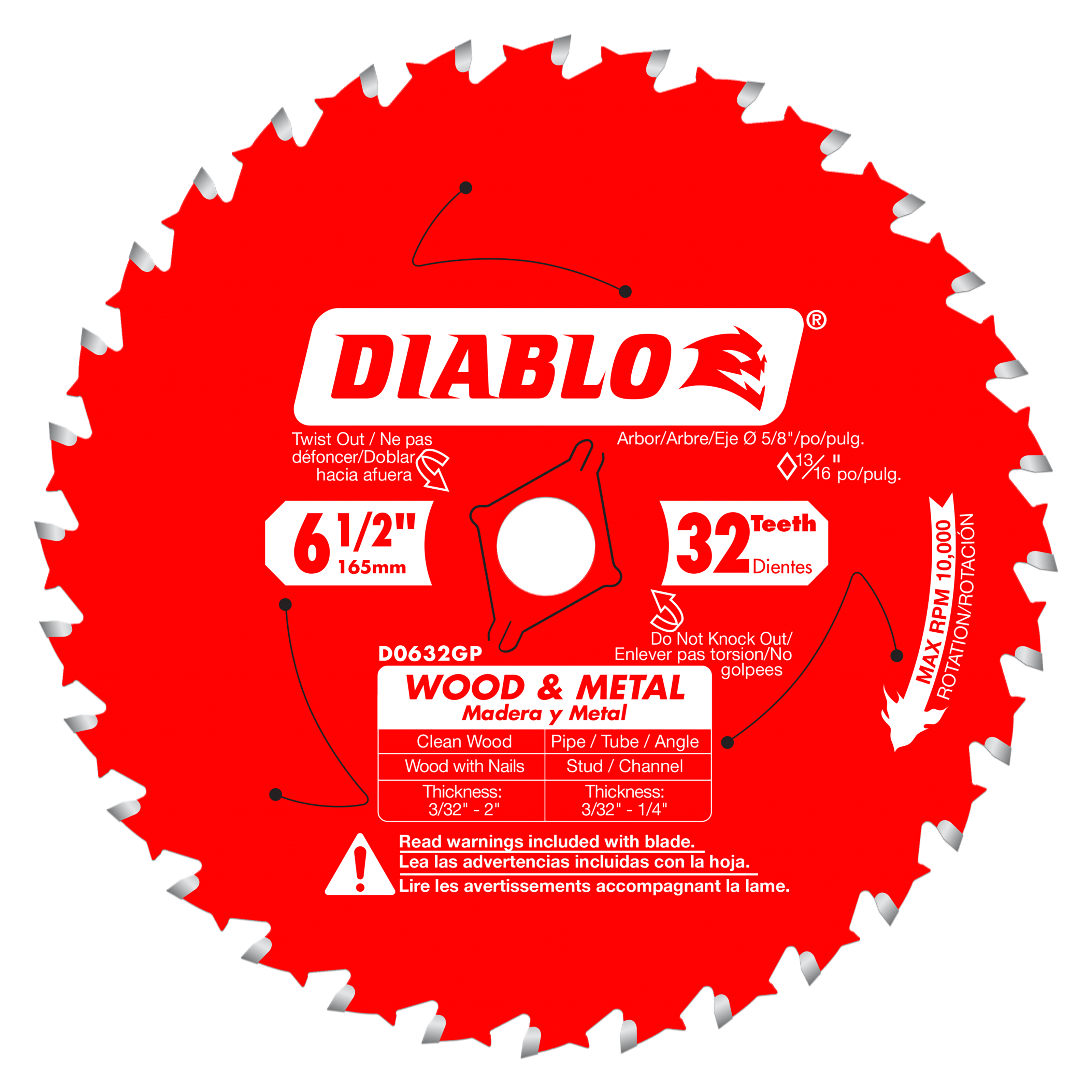 Red circular saw blade with 32 gray carbide teeth and white Diablo branding and specifications label on center.