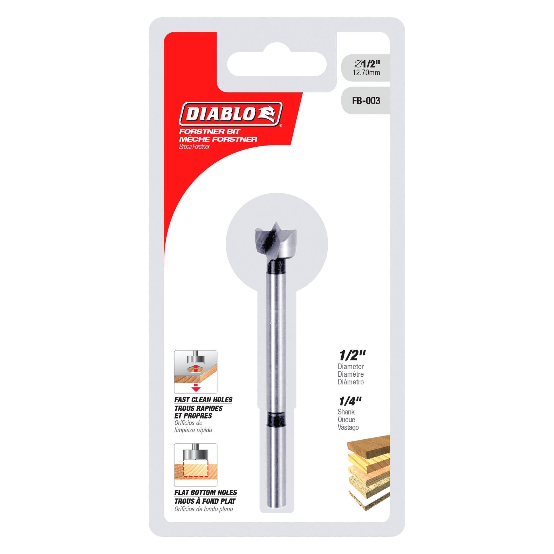 Diablo 1/2 inch Forstner bit with 1/4 inch shank on blister card packaging.
