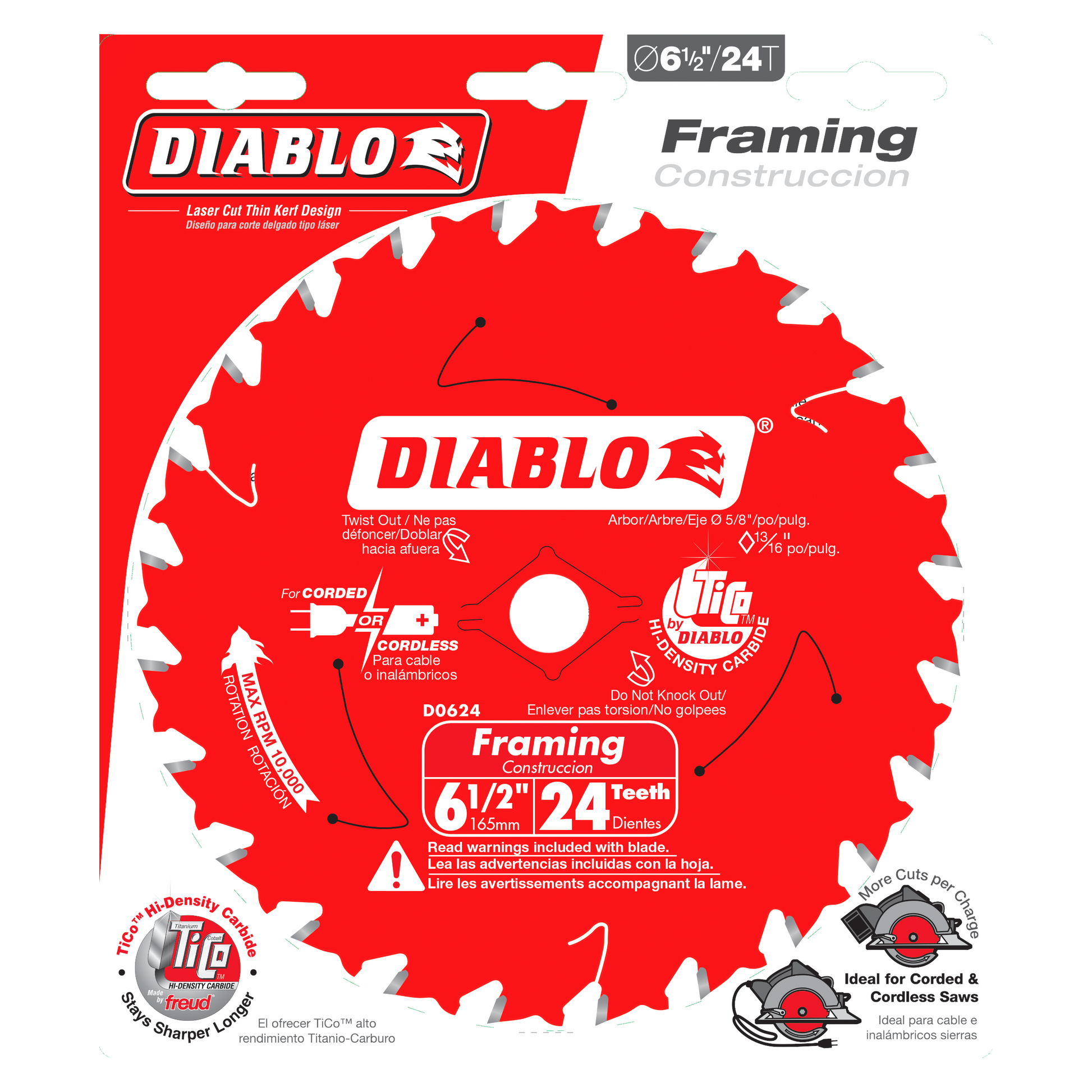 Red circular saw blade with 24 carbide teeth, 6.5 inch diameter, center arbor hole, labeled Diablo Framing Construction D0624