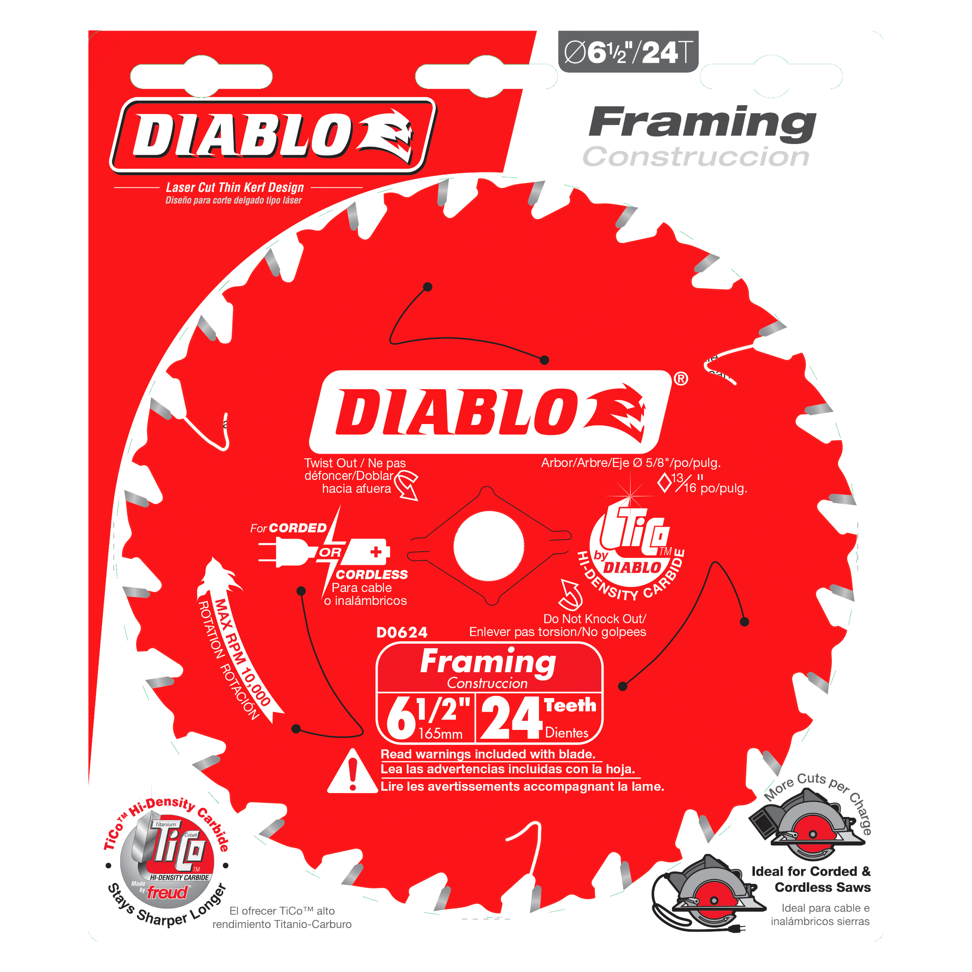 Red circular saw blade with 24 carbide teeth, 6.5 inch diameter, center arbor hole, labeled Diablo Framing Construction D0624