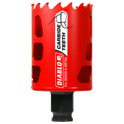 Red carbide-tipped holesaw with jagged cutting edge and black shank, labeled "Diablo" for wood and metal.