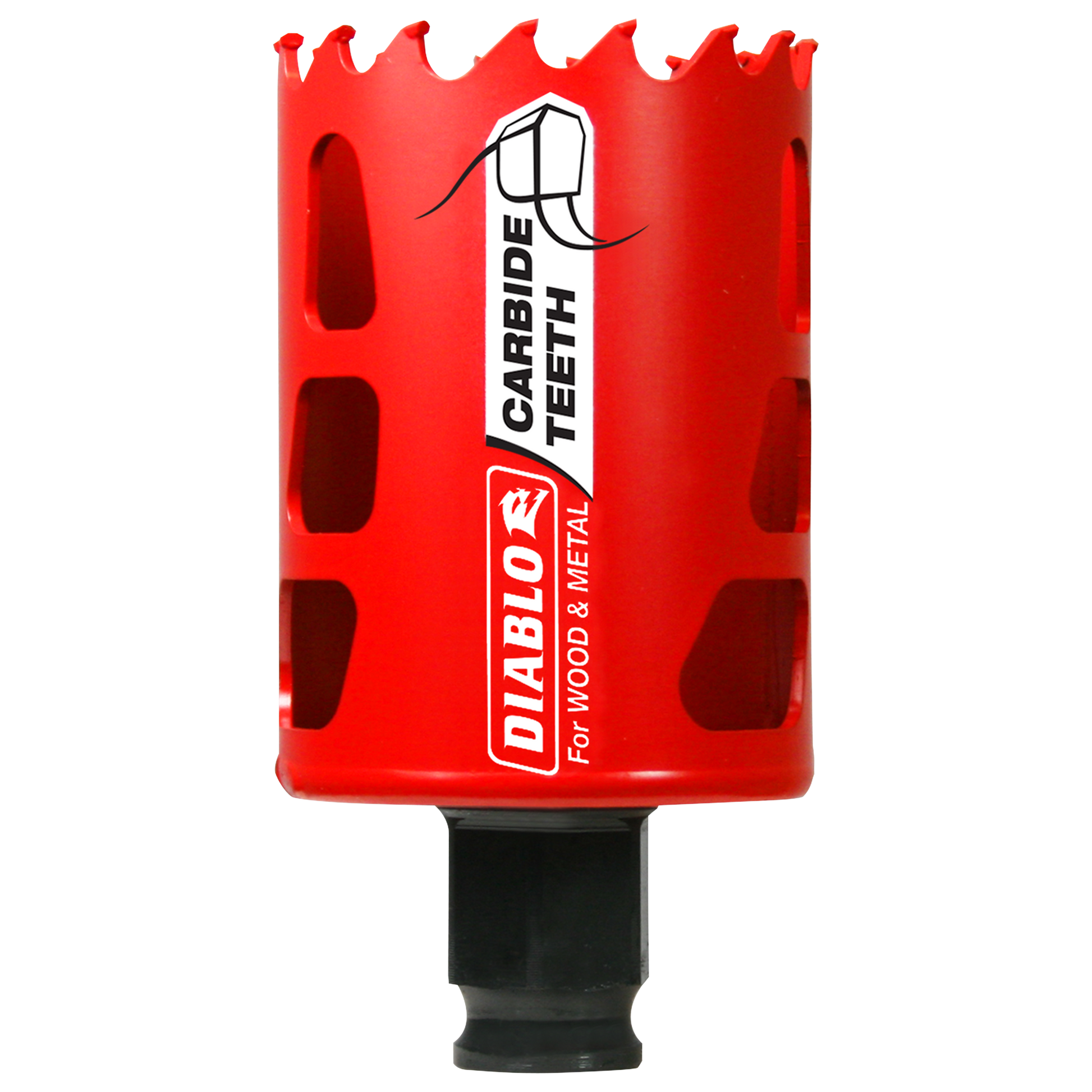 Red carbide-tipped holesaw with jagged cutting edge and black shank, labeled "Diablo" for wood and metal.
