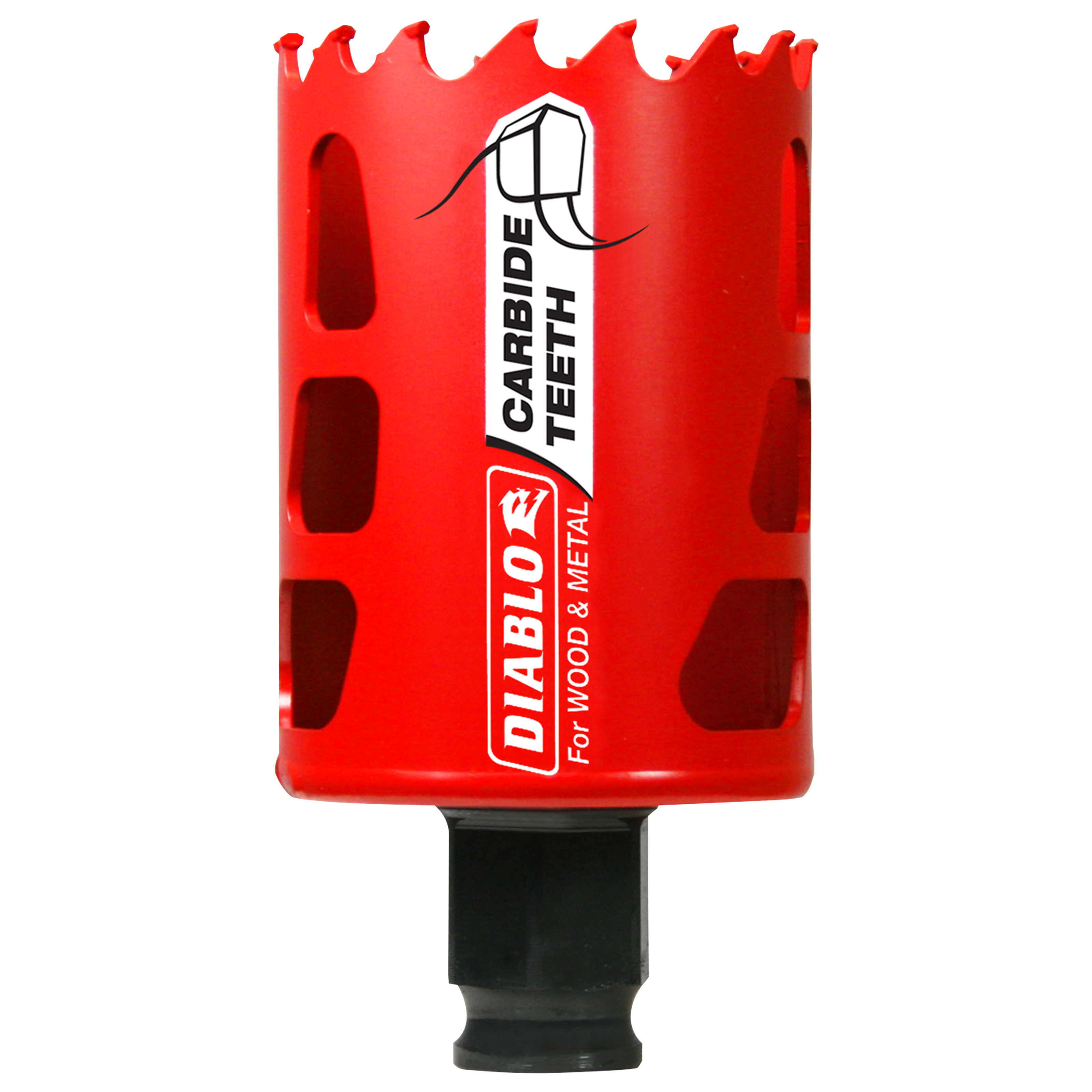 Red carbide-tipped holesaw with jagged cutting edge and black shank, labeled "Diablo" for wood and metal.