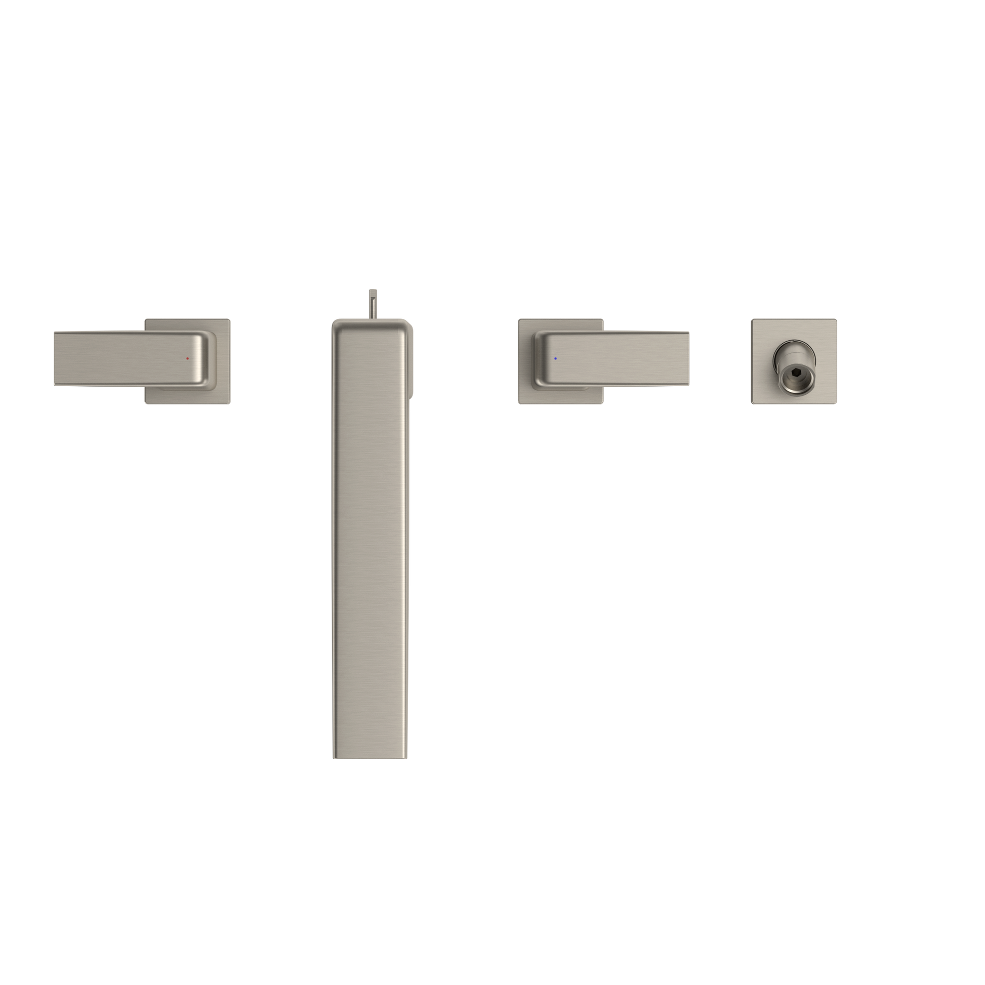 Brushed nickel two-handle roman tub filler trim with vertical spout and detachable handshower, shown as individual components