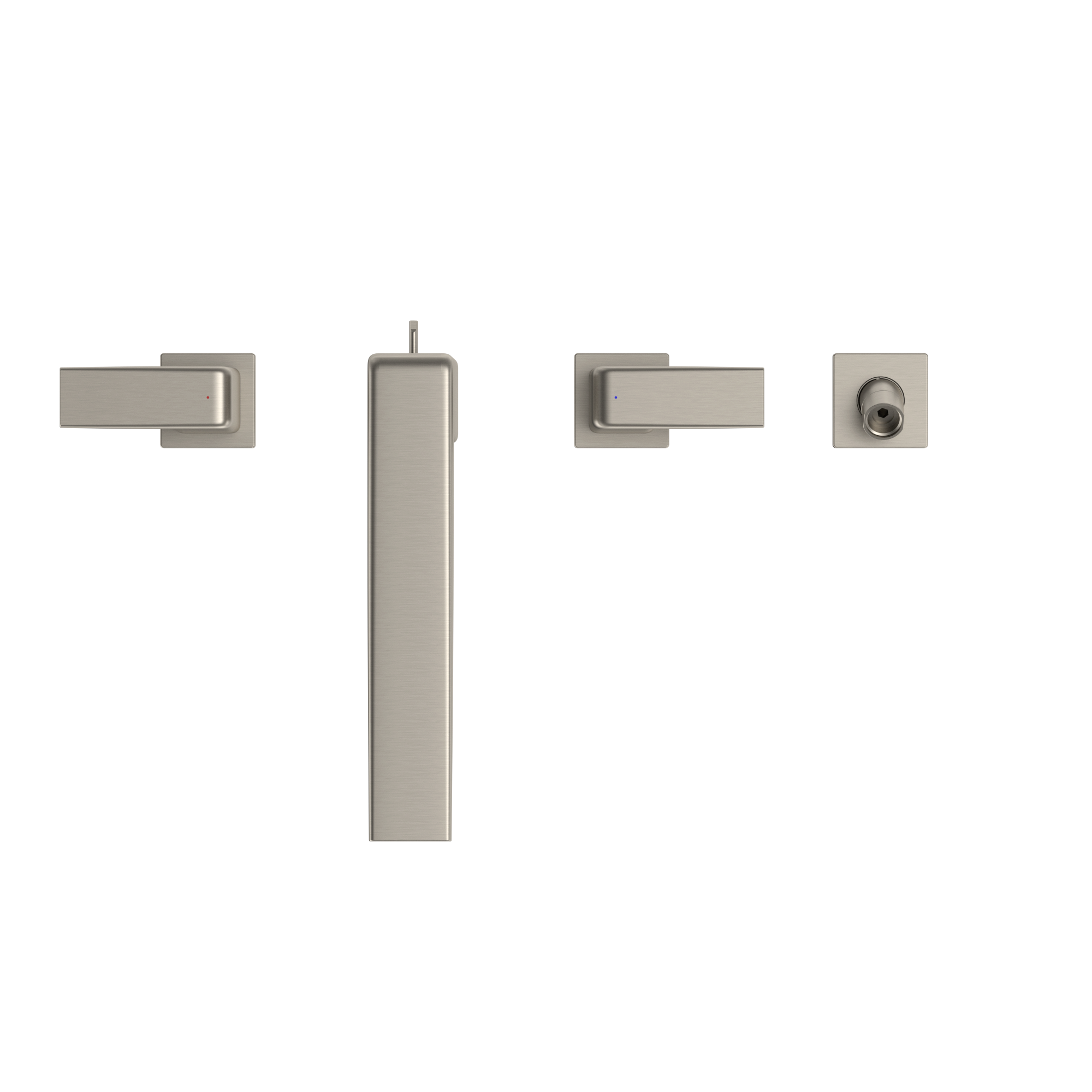 Brushed nickel two-handle roman tub filler trim with vertical spout and detachable handshower, shown as individual components