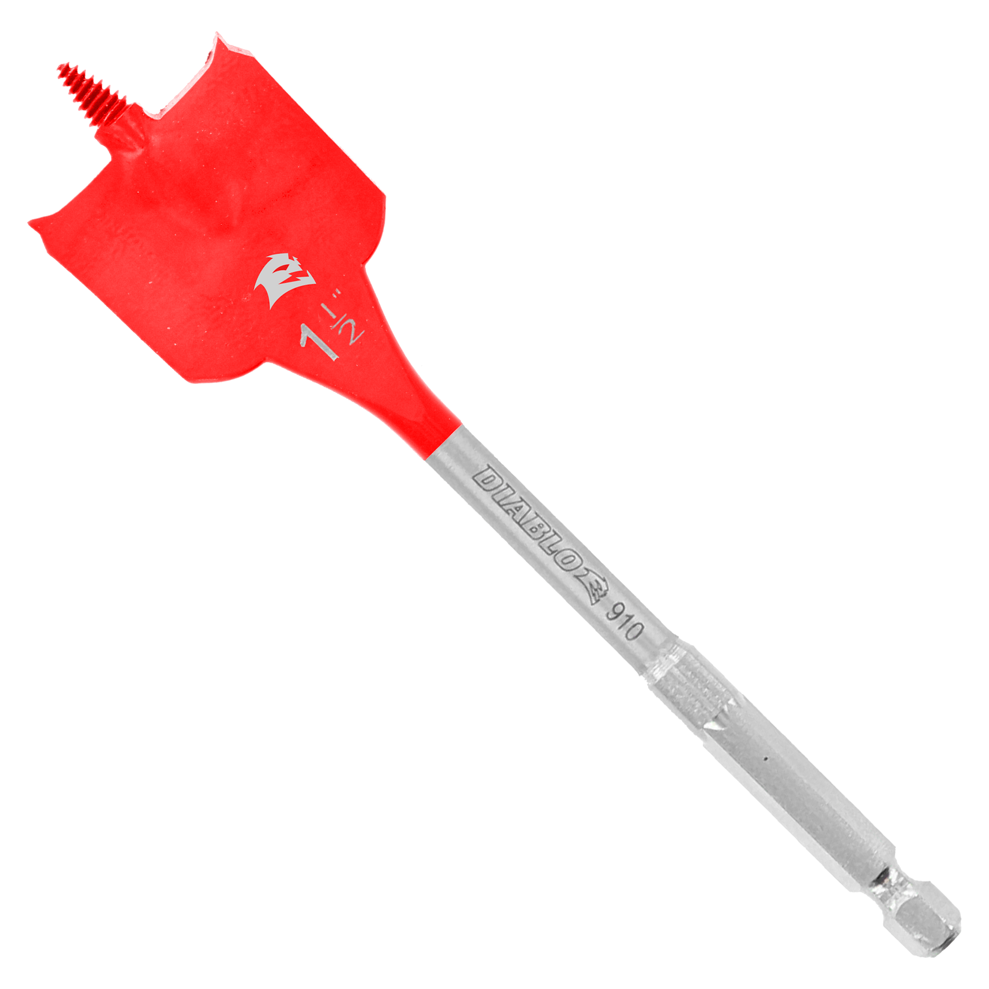 Red spade bit with gray metal shaft and screw threads on top end for drill attachment.