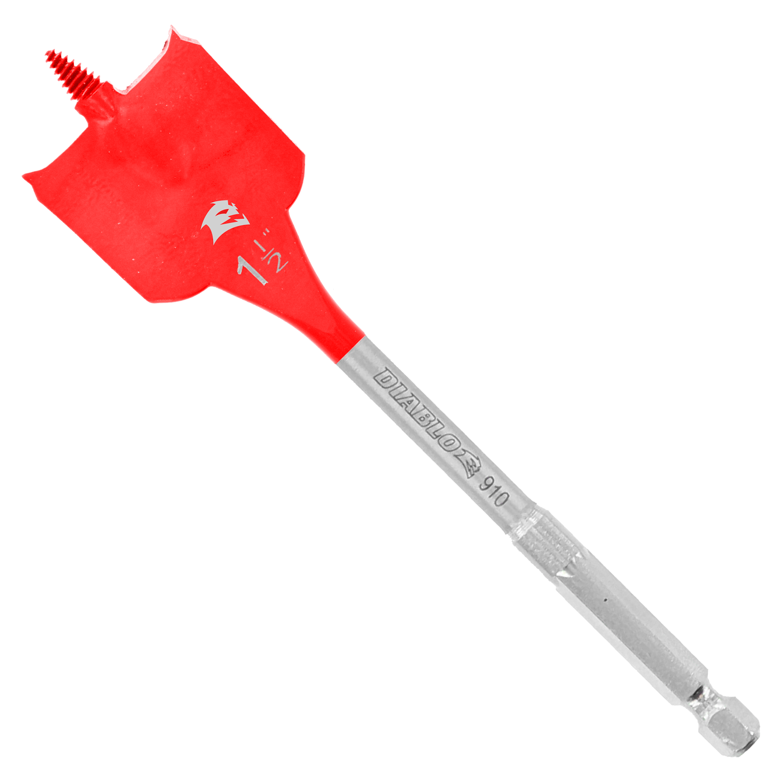 Red spade bit with gray metal shaft and screw threads on top end for drill attachment.