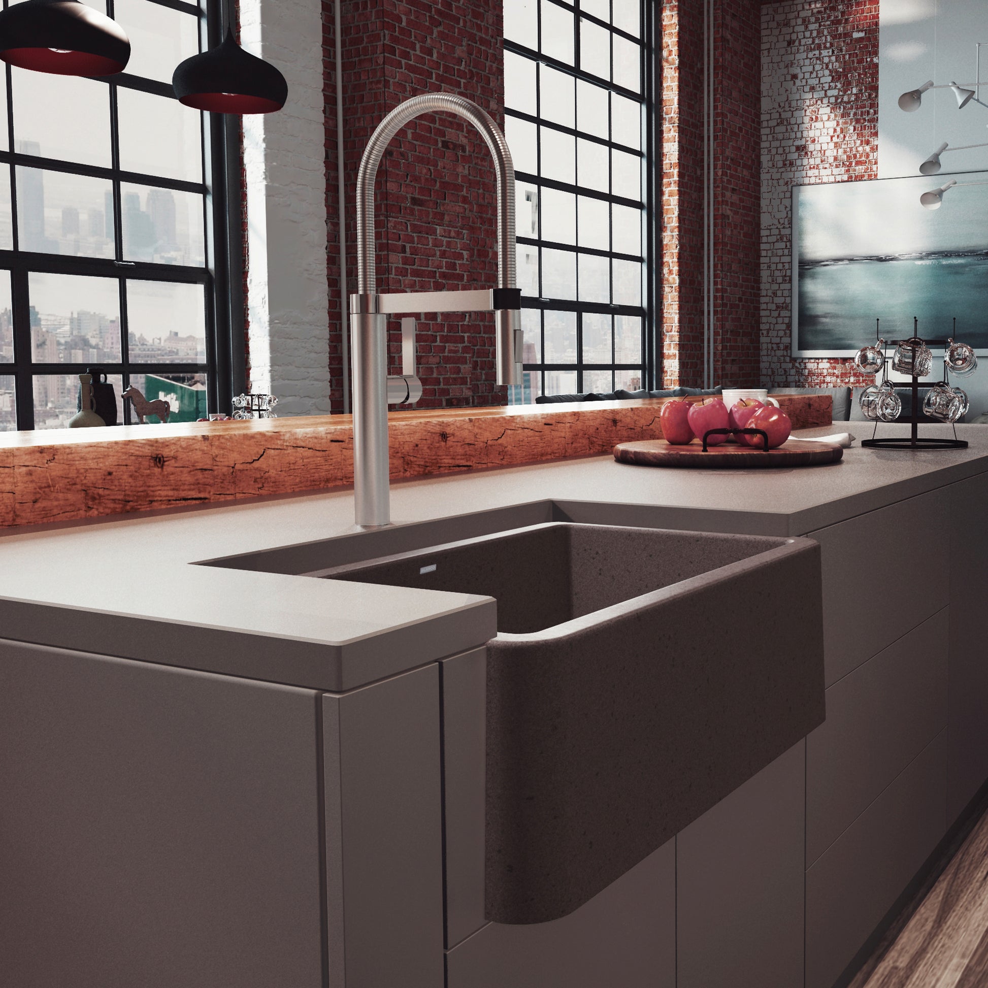 Cafe brown apron front farmhouse sink with stainless steel faucet in modern kitchen.