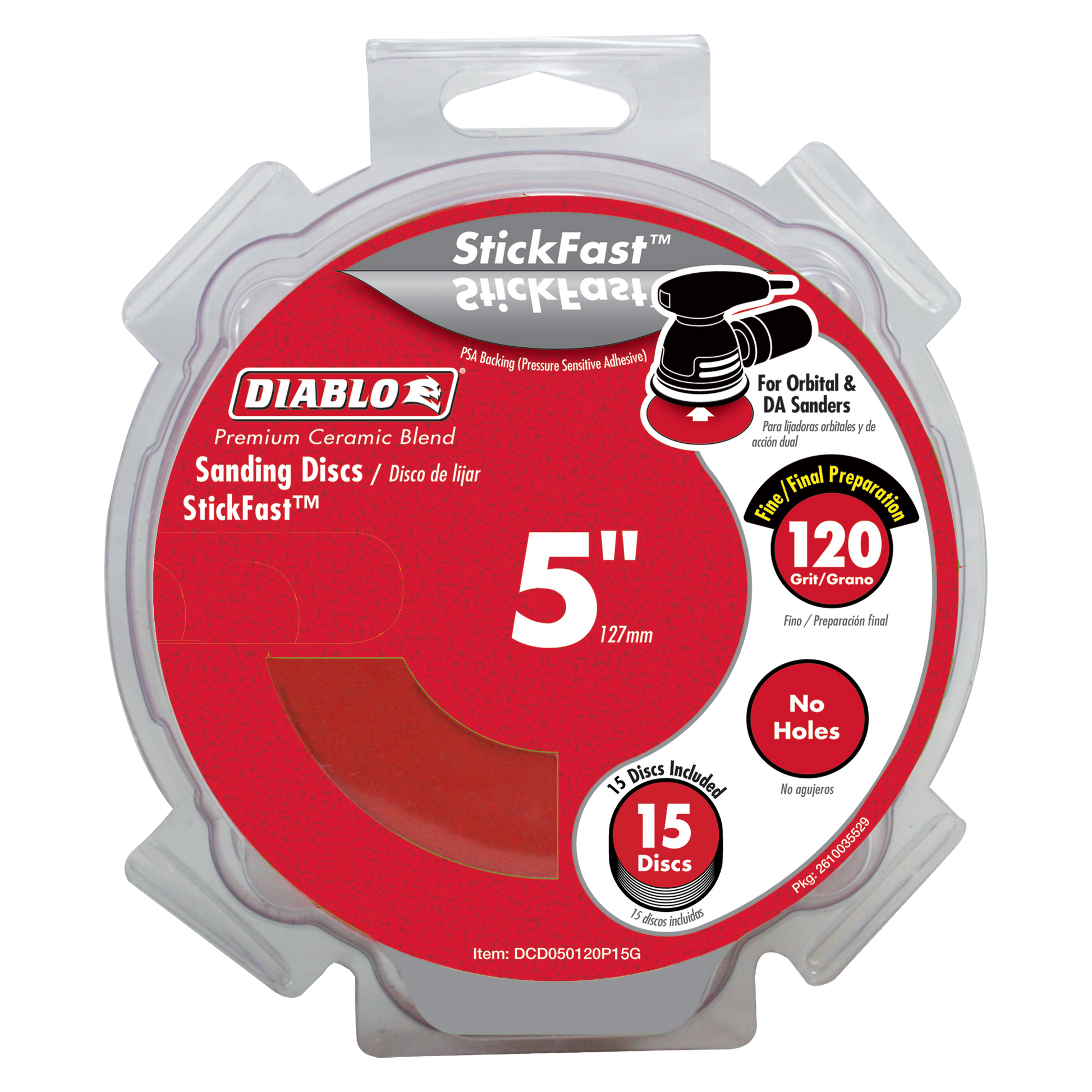 Diablo 5-inch sanding discs with 120 grit in clear plastic clamshell packaging containing 15 discs.