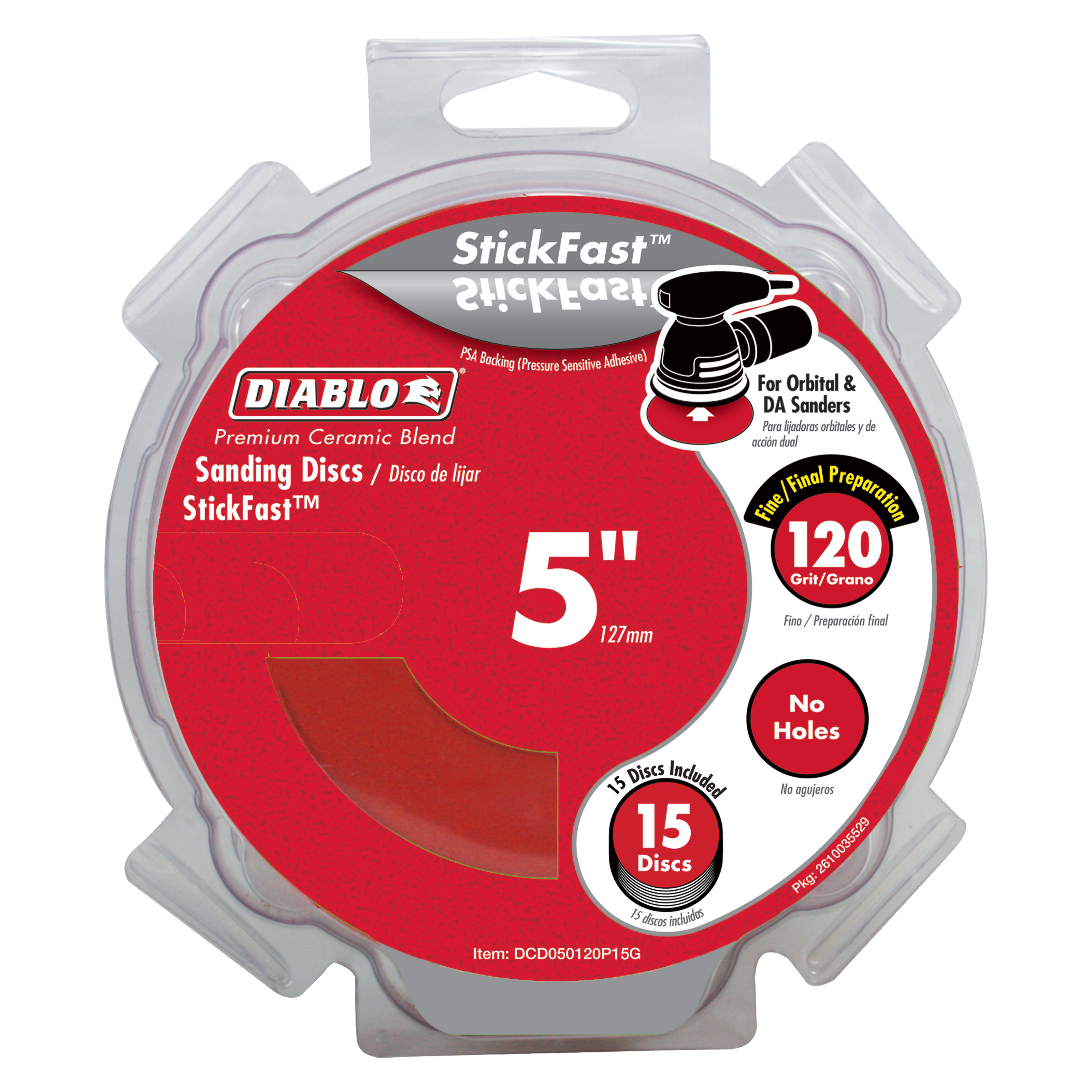 Diablo 5-inch sanding discs with 120 grit in clear plastic clamshell packaging containing 15 discs.