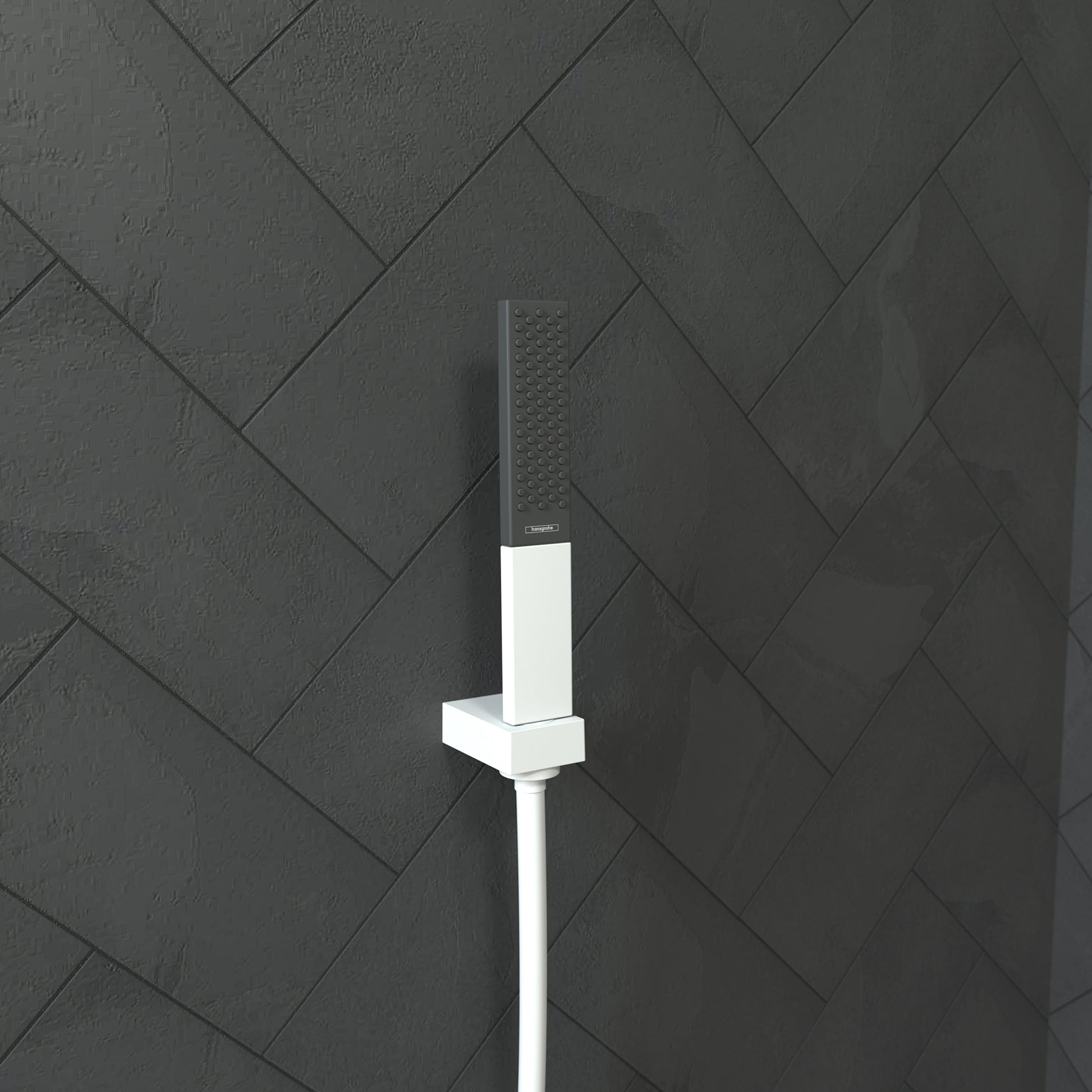 Matte white rectangular handshower with perforated spray face and attached wall bracket against tiled bathroom wall.