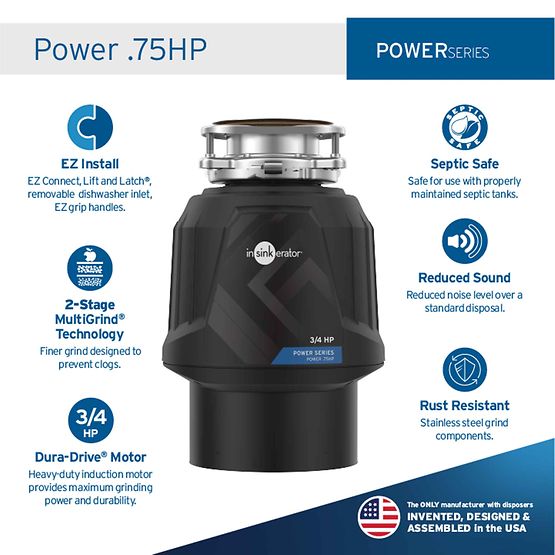 Black InSinkErator Power Series 0.75HP continuous feed garbage disposal with removable components and stainless steel grind c