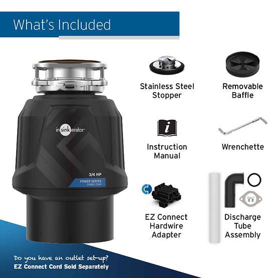 Black InSinkErator garbage disposal with included stainless steel stopper, removable baffle, wrenchette, instruction manual, 