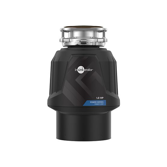 Black InSinkErator Power Series 1HP garbage disposal with stainless steel sink flange and continuous feed opening.