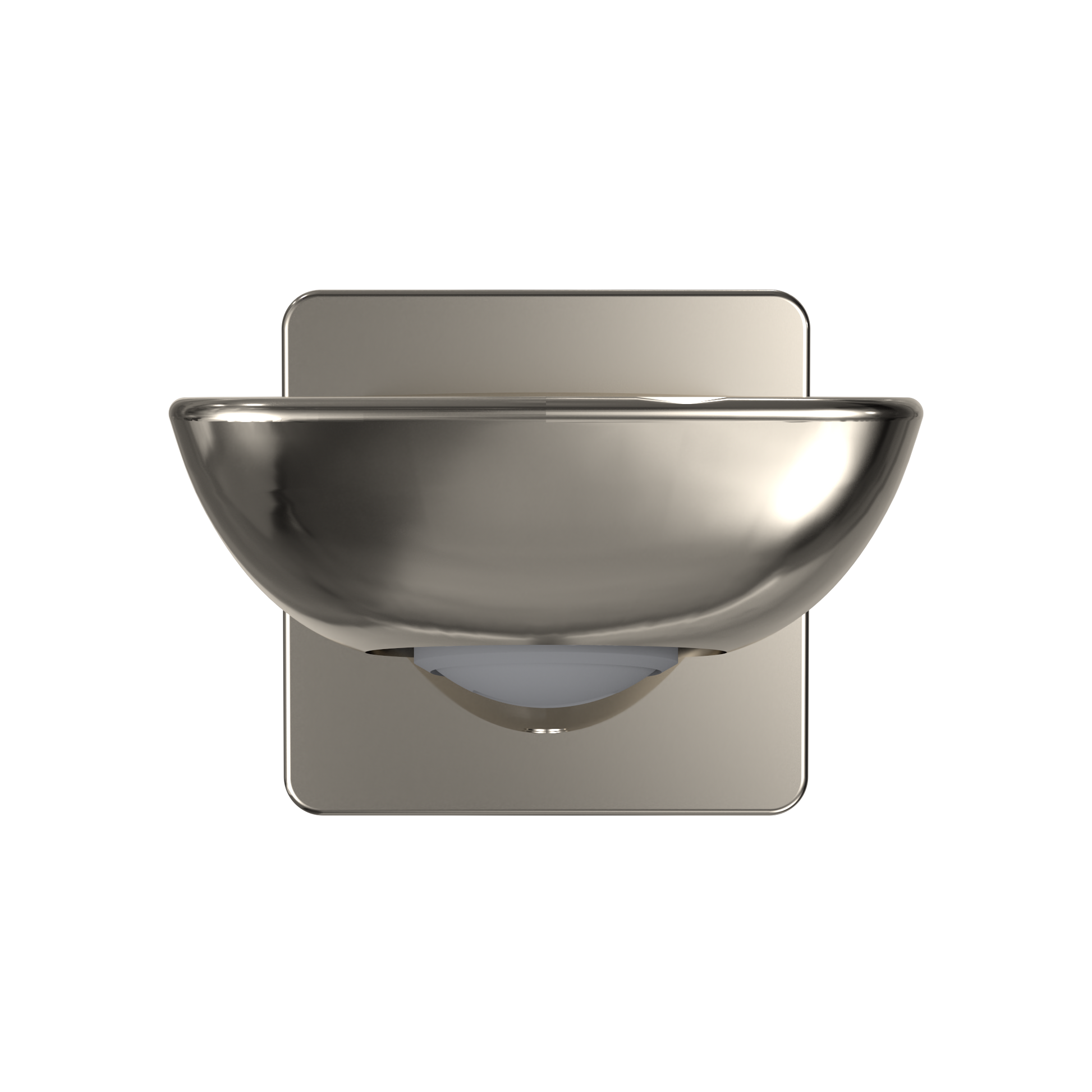 Polished nickel wall-mounted tub spout with curved bowl shape and rectangular backplate.