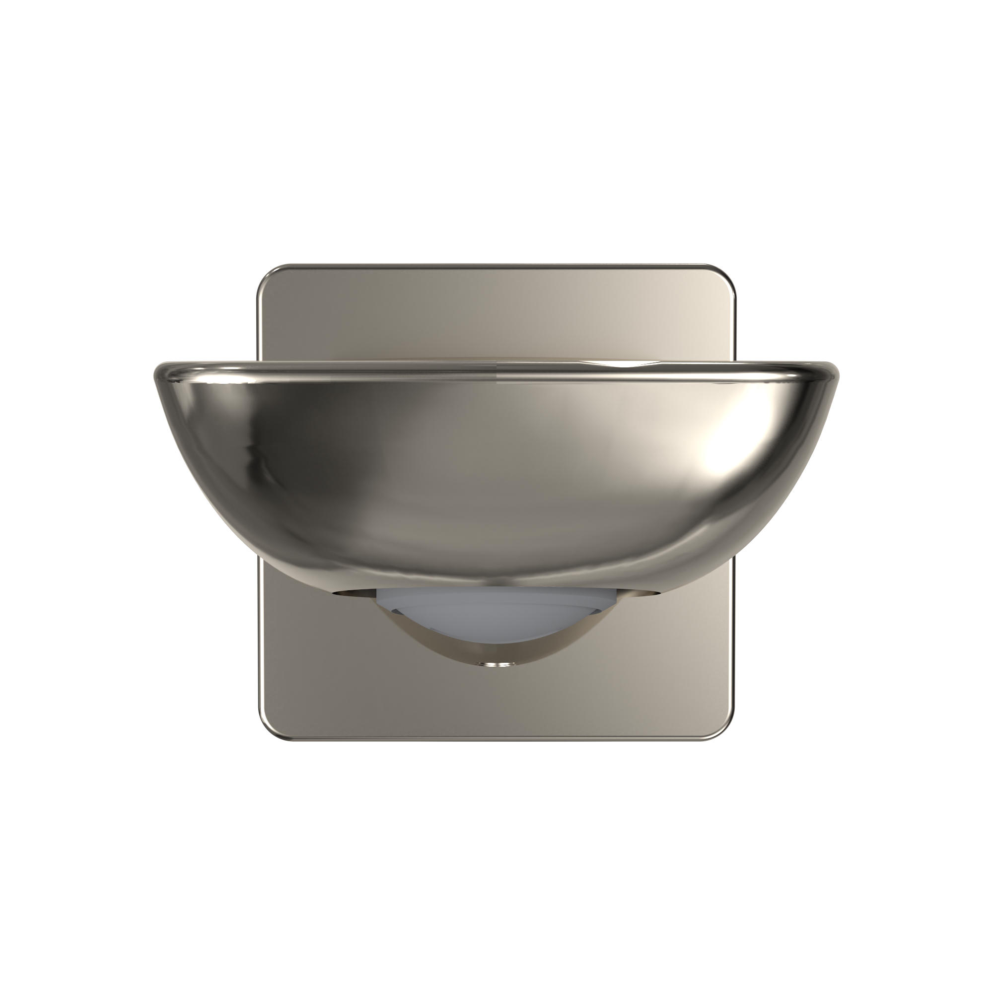 Polished nickel wall-mounted tub spout with curved bowl shape and rectangular backplate.