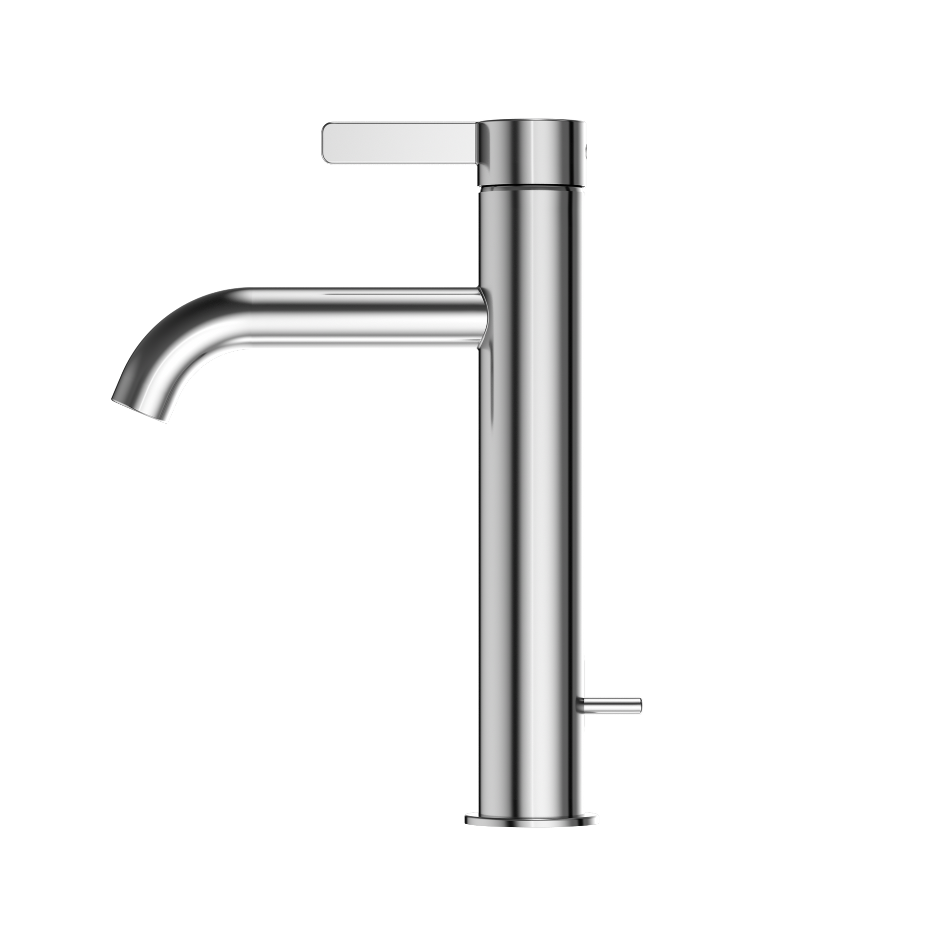 Polished chrome single-handle bathroom sink faucet with curved spout and lever handle.