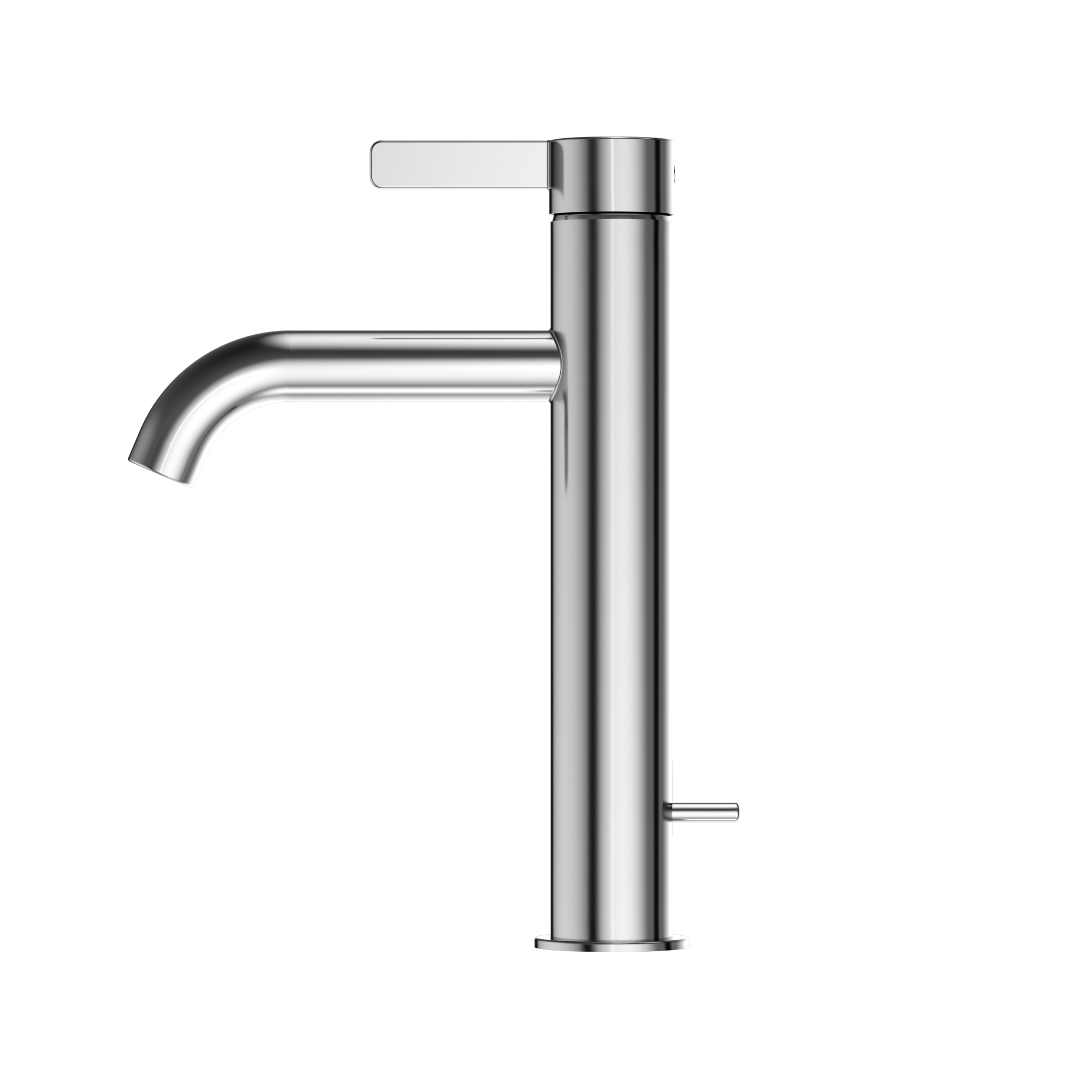 Polished chrome single-handle bathroom sink faucet with curved spout and lever handle.