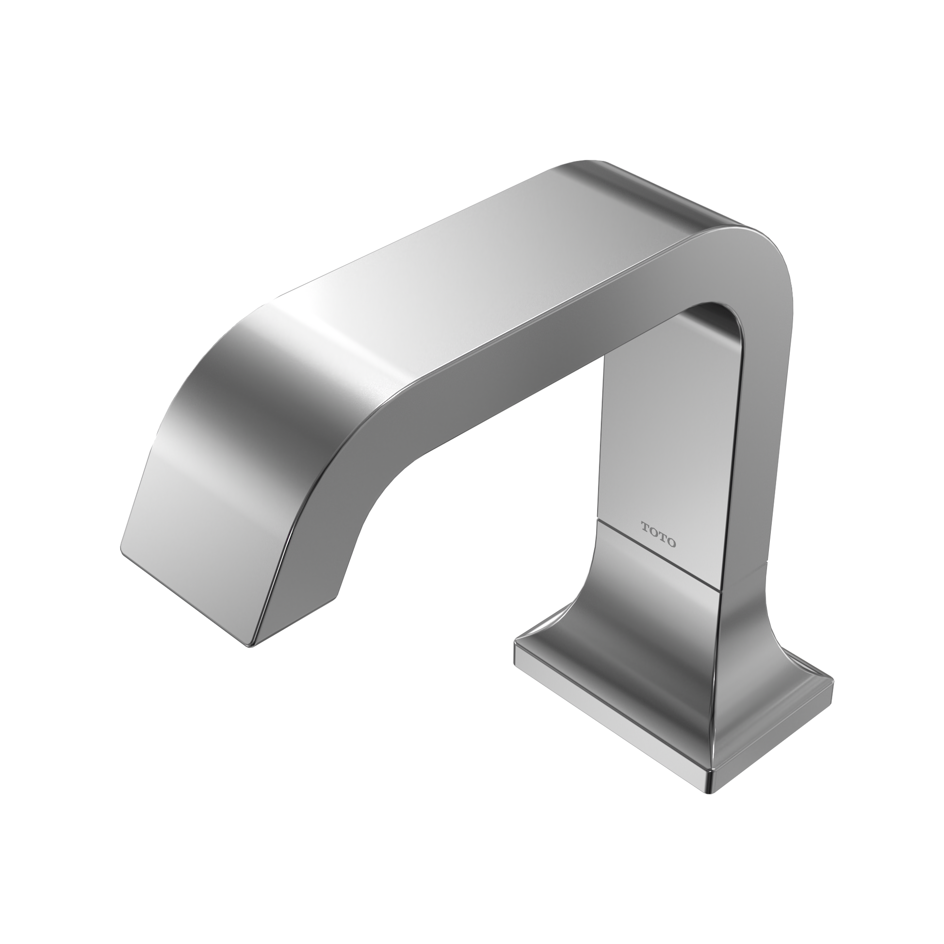 Polished chrome touchless bathroom faucet with curved spout and rectangular base, featuring TOTO branding on vertical panel.