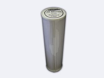 White cylindrical water filter cartridge with vertical ridges and labeled top cap.