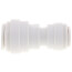 Polypropylene reducing union connector with 1/2" and 3/8" OD ends, white threaded fitting.