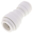 White polypropylene reducing union connector with 1/2" and 3/8" ports.