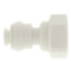 White plastic pipe connector with 1/4" OD and 1/4" NPTF female end.